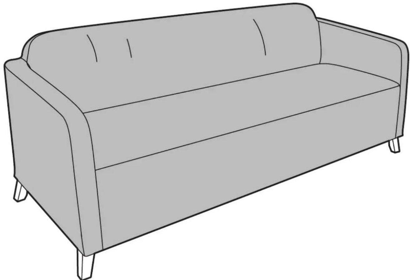 Line drawing of a simple sofa with four legs and two armrests (no text or symbols)