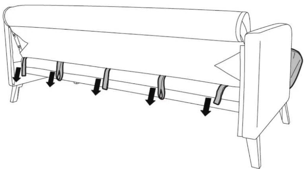 Line drawing of a mechanical device with multiple hanging clips and directional arrows indicating motion (no text or symbols)
