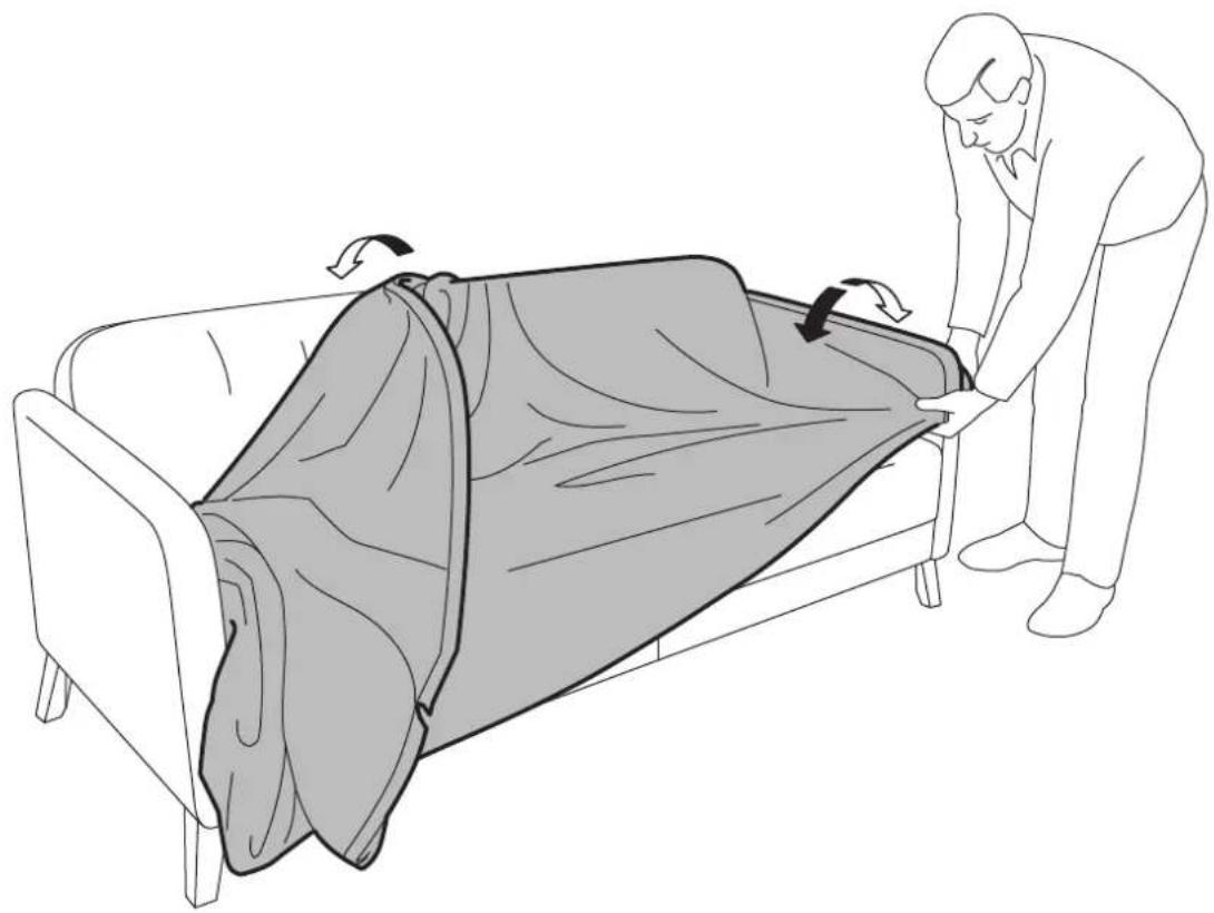 Illustration of a person adjusting a blanket on a bed, with arrows indicating motion (no text or symbols)