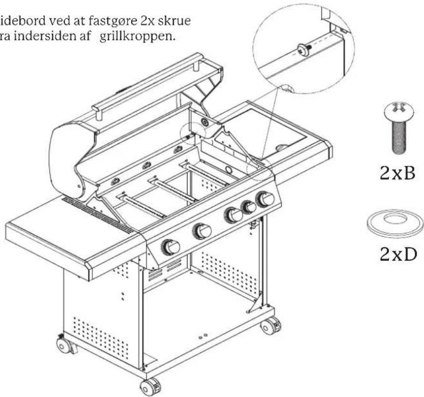 idebord ved at fastgøre 2x skrue ra indersiden af grillkroppen. 2xB 2xD