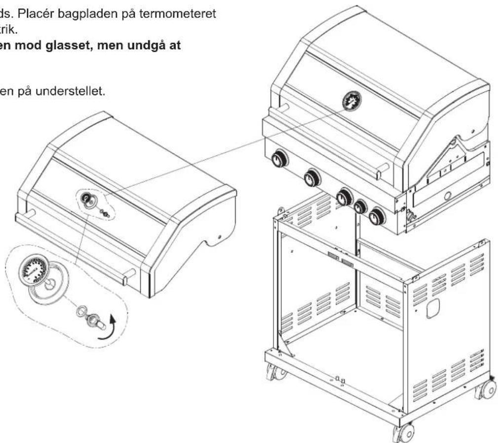 ds. Placér bagpladen på termometeret rik. en mod glasset, men undgå at en på understellet.