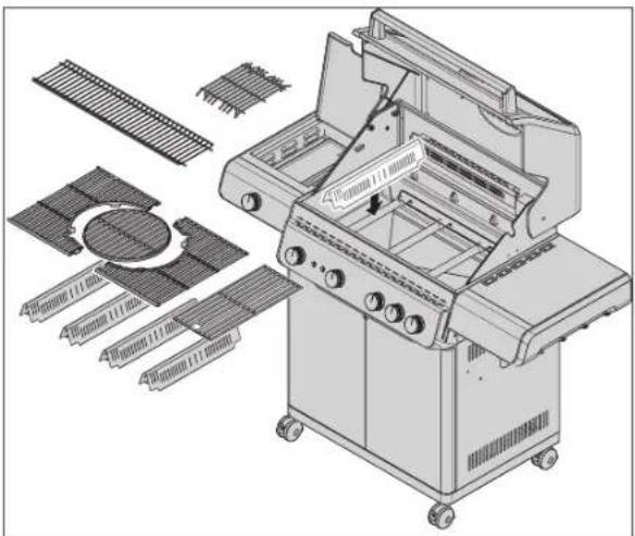 Technical illustration of a portable electric grill with internal components and mounting brackets (no text or labels)