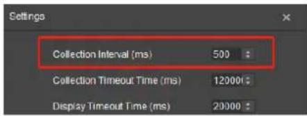 Settings Collection Interval (ms) 500 : Collection Timeout Time (ms) 12000 : Display Timeout Time (ms) 20000 :