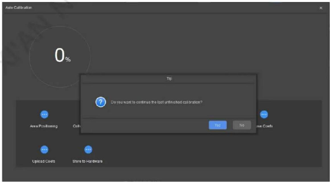 Auto Calibration 0% Tip Do you want to continue the last unfinished calibration? Area Positioning Coll Yes No Leave Coefs Upload Coefs Store to Hardware