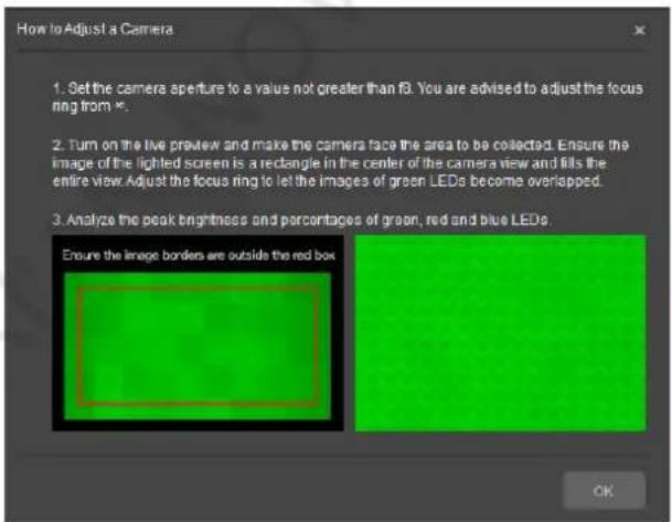 How to Adjust a Camera 1. Set the camera aperture to a value not greater than f3. You are advised to adjust the focus ring from *. 2. Turn on the live preview and make the camera face the area to be collected. Ensure the image of the lighted screen is a rectangle in the center of the camera view and fills the entire view. Adjust the focus ring to let the images of green LEDs become overlapped. 3. Analyze the peak brightness and percentages of green, red and blue LEDs Ensure the image borders are outside the red box OK