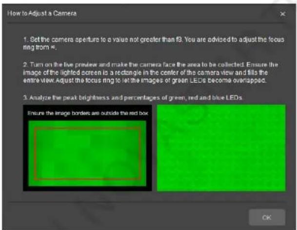 How to Adjust a Camera 1. Set the camera aperture to a value not greater than f3. You are advised to adjust the focus ring from k. 2. Turn on the live preview and make the camera face the area to be collected. Ensure the image of the lighted screen is a redangle in the center of the camera view and fills the entire view. Adjust the focus ring to let the images of green LEDs become overlapped. 3. Analyze the peak brightness and percentages of green, red and blue LEDs Ensure the image borders are outside the red box OK