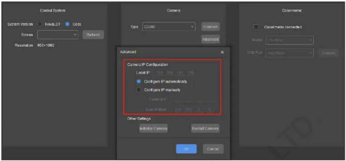 Control System System Version ● NoVA.CT ● Cox Screen Refresh Resolution 960×1080 Camera Type: C3200 Advanced Advanced Camera IP Configuration Local IP 150 254 241 130 ● Configure IP automatically ● Configure IP manually Camera IP: Support Mask 255 255 0 0 Other Settings Initiate Camera Restart Camera OK Cancel Colonmeter Colorimeter connected Model: CB-100A COM Port: Auto Match Cancel
