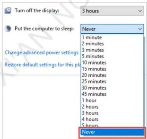 Turn off the display: 3 hours Put the computer to sleep: Change advanced power settings Restore default settings for this pla Never 1 minute 2 minutes 3 minutes 5 minutes 10 minutes 15 minutes 20 minutes 25 minutes 30 minutes 45 minutes 1 hour 2 hours 3 hours 4 hours 5 hours Never