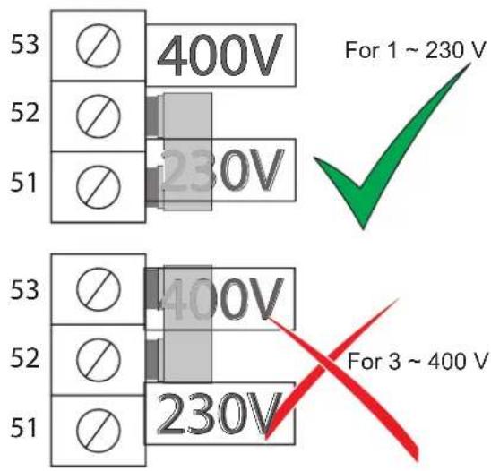 53 400V 52 230V 51 For 1 ~ 230 V 53 400V 52 230V 51 For 3 ~ 400 V
