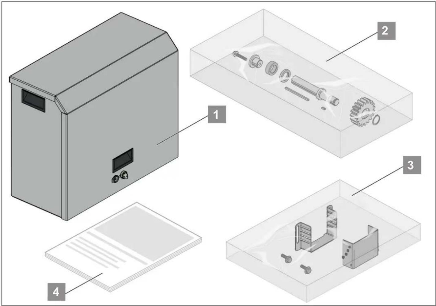 Exploded view diagram of a mechanical device with labeled components including a cabinet, gears, and internal compartments.