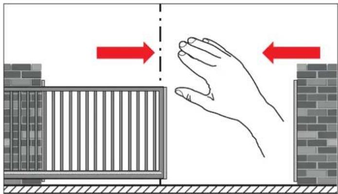 Diagram illustrating hand gesture between two wall-mounted barriers, with red arrows indicating direction of movement.