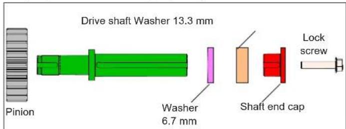 Drive shaft Washer 13.3 mm Pinion Washer 6.7 mm Shaft end cap Lock screw