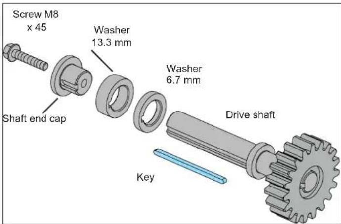 Screw M8 x 45 Shaft end cap Washer 13.3 mm Washer 6.7 mm Drive shaft Key