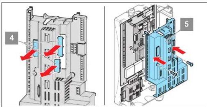 Technical diagram showing two views of an electronic device with labeled components and red directional arrows indicating motion or movement.