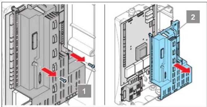 Technical diagram showing two views of a server rack with labeled components and red arrows indicating connection points.
