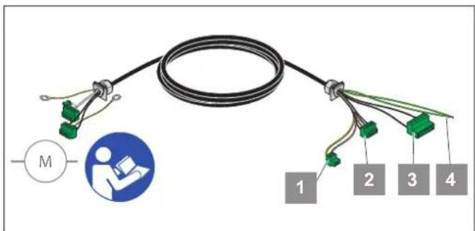 Electrical wiring diagram showing connections between a motor, a person reading, and four numbered components with labeled terminals.