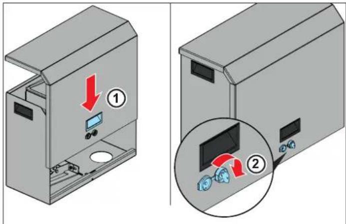 Diagram showing two views of a device with labeled components and directional arrows indicating movement or change.