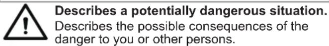 Describes a potentially dangerous situation. Describes the possible consequences of the danger to you or other persons.