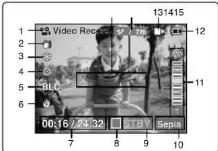 1 2 3 4 5 6 Video Record 8F / 720 131415 12 BLC 11 00:16 / 24:32 STBY Sepia 7 8 9 10