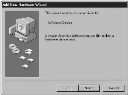 Add New Hardware Wizard This wizard searches for new drivers for Unknown Device A device driver is a software program that makes a hardware device work. < Back Next > Cancel