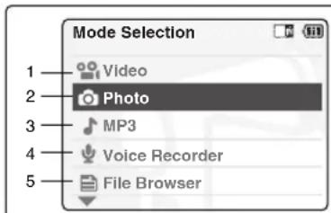 Mode Selection 1 —— Video 2 —— Photo 3 —— MP3 4 —— Voice Recorder 5 —— File Browser