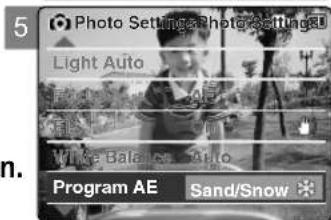 Photo Settings & Photo Settings Light Auto White Balance Audio Program AE Sand/Snow