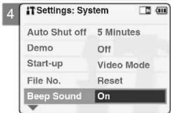 Settings: System Auto Shut off 5 Minutes Demo Off Start-up Video Mode File No. Reset Beep Sound On