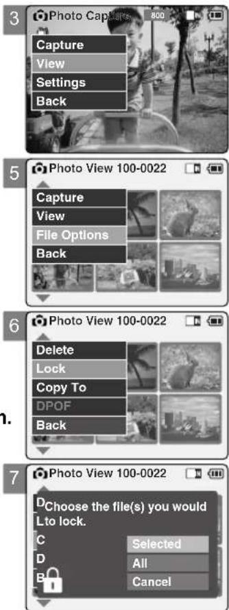 3 Photo Captu Capture View Settings Back 5 Photo View 100-0022 Capture View File Options Back 6 Photo View 100-0022 Delete Lock Copy To DPOF Back 7 D Choose the file(s) you would L to lock. C Selected D All B Cancel