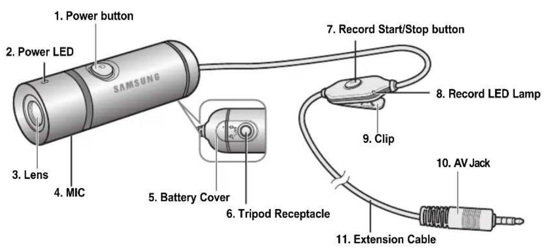 1. Power button 2. Power LED SAMSUNG 3. Lens 4. MIC 5. Battery Cover 6. Tripod Receptacle 7. Record Start/Stop button 8. Record LED Lamp 9. Clip 10. AV Jack 11. Extension Cable