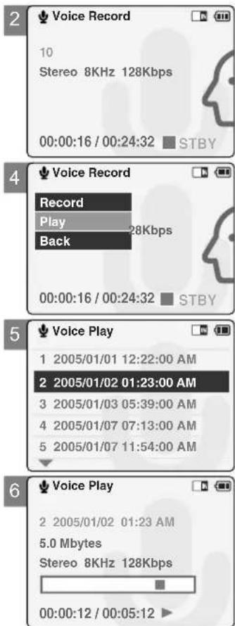 Voice Record 10 Stereo 8KHz 128Kbps 00:00:16 / 00:24:32 STBY Voice Record Record Play Back 28Kbps 00:00:16 / 00:24:32 STBY Voice Play 1 2005/01/01 12:22:00 AM 2 2005/01/02 01:23:00 AM 3 2005/01/03 05:39:00 AM 4 2005/01/07 07:13:00 AM 5 2005/01/07 11:54:00 AM Voice Play 2 2005/01/02 01:23 AM 5.0 Mbytes Stereo 8KHz 128Kbps 00:00:12 / 00:05:12