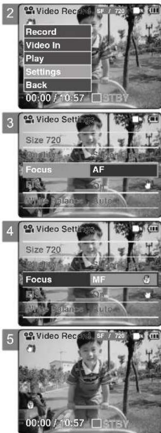 2 Record Video In Play Settings Back 00:00 / 10:57 3 Video Settings Size 720 Focus AF Why Balance Auto 4 Video Settings Size 720 Focus MF Why Balance Auto 5 Video Record SF / 720 00:00 / 10:57