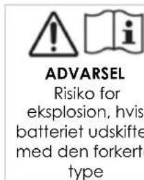 ADVARSEL Risiko for eksplosion, hvis batteriet udskifte med den forkerte type