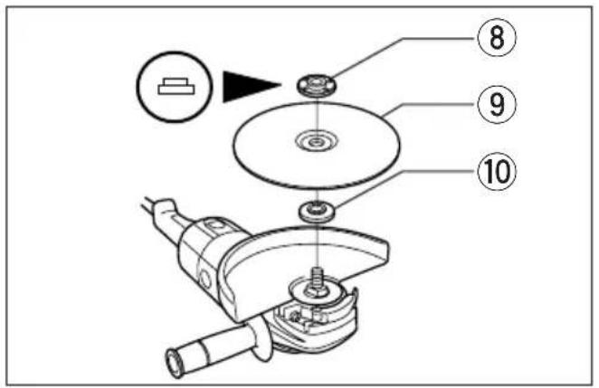 Technical diagram of a mechanical device with numbered parts, including a weight and a cutting tool.
