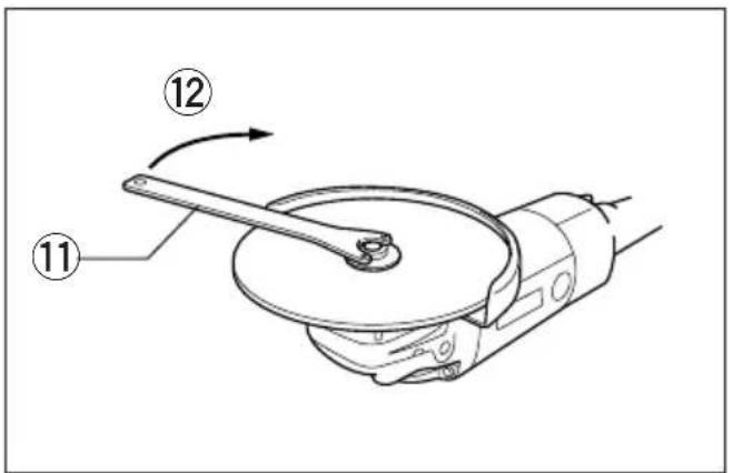 Technical diagram of a mechanical device with numbered parts and directional arrow indicating rotation or movement