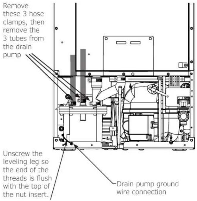 Remove these 3 hose clamps, then remove the 3 tubes from the drain pump Unscrew the leveling leg so the end of the threads is flush with the top of the nut insert. Drain pump ground wire connection