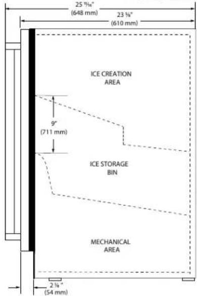 25 ½" (648 mm) 23 ½" (610 mm) ICE CREATION AREA 9" (711 mm) ICE STORAGE BIN MECHANICAL AREA 2 ½" (54 mm)