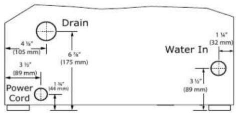 Drain 4 ½" (105 mm) 6 ¾" (175 mm) 3 ½" (89 mm) 1 ¾" (44 mm) Power Cord Water In 1 ¼" (32 mm) 3 ½" (89 mm)