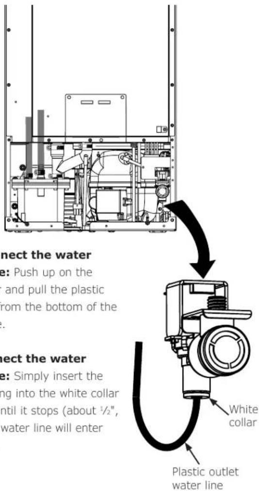 Connect the water e: Push up on the and pull the plastic from the bottom of the . Connect the water e: Simply insert the ing into the white collar until it stops (about 1/2", water line will enter White collar Plastic outlet water line