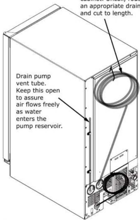 Drain pump vent tube. Keep this open to assure air flows freely as water enters the pump reservoir. an appropriate drain and cut to length.