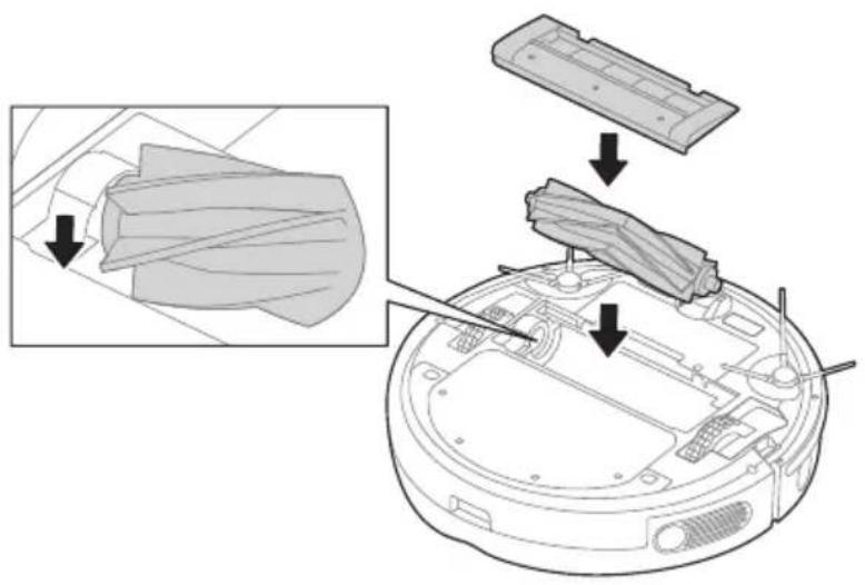 Diagram showing a robotic vacuum cleaner's internal structure with labeled parts and directional arrows indicating assembly or repair.