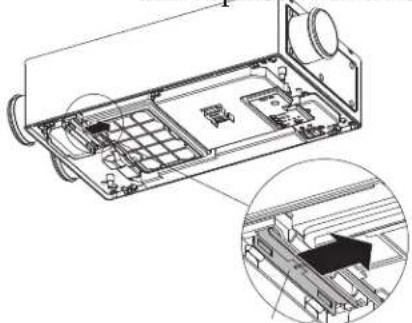Technical line drawing of an electronic device interior with internal components and a magnified inset showing internal structure (no text or symbols)