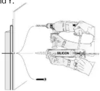 Technical diagram showing a hand using a screwdriver to lift a surface, with a 3D coordinate axis and a labeled 'SLICON' component.