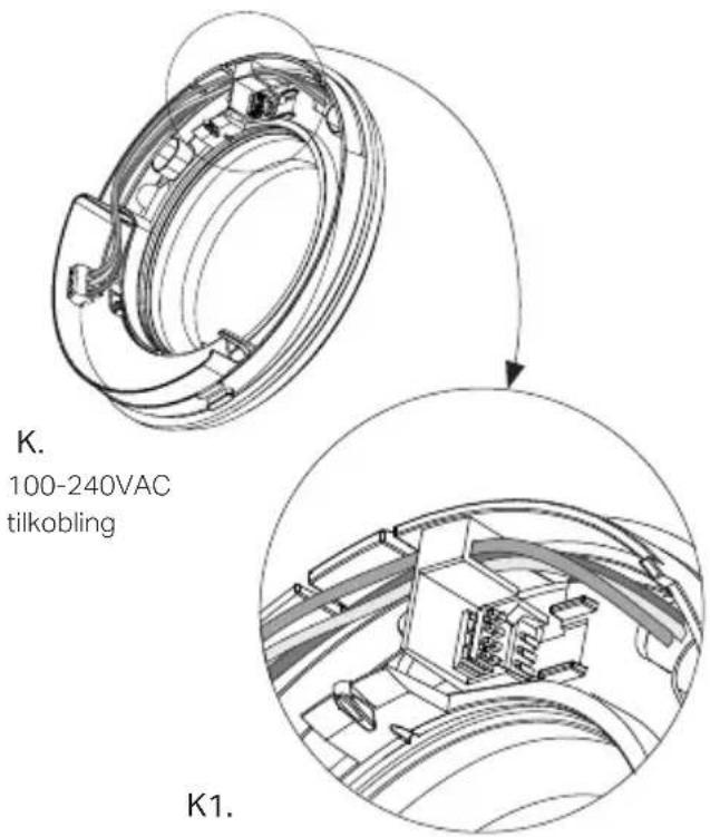 K. 100-240VAC tilkobling K1.