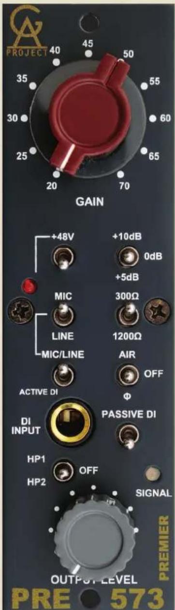 PROJECT 40 45 50 35 30 25 20 70 GAIN +48V +10dB 0dB +5dB MIC 300Ω LINE 1200Ω MIC/LINE AIR OFF ACTIVE DI Φ DI INPUT PASSIVE DI HP1 OFF HP2 SIGNAL OUTPUT LEVEL PRE 573 PREMIER