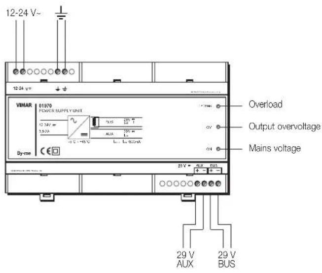 12-24 V~ 12-24 V~ VIMAR 01970 POWER SUPPLY UNIT 12.3kV 3.5kV CE By-me Overload Output overvoltage Mains voltage 29 V AUX 29 V BUS
