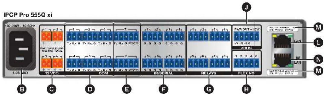 IPC P Pro 555Q xi 100-240V - 50-60Hz + - + S NUTCHES 12 VDC 40W MAX TOTAL 1.2A MAX B C D E F G H 1 2 3 7 1 2 3 4 1 2 3 4 1 2 3 4 1 Tx Rx G Tx Rx G Tx Rx G Tx Rx G RTSCTS S G S G S G S G Tx Rx G Tx Rx G Tx Rx G RTSCTS S G S G S G S G IR/ SERIAL RELAYS FLEX I/O PWR OUT = 12W +V +S -SG eBUS M L N M SR Address ID(s) LAN AV LAN N M
