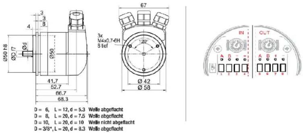 Ø50 h8 ØD 17 Ød 3 3 8 4 Ø50 41.7 52.7 66.7 68.3 3x M4x0.7-6H 8 tef Ø 42 Ø 58 67 120° IN OLT A B - - 1 2 3 4 A B 1 - 5 6 7 8