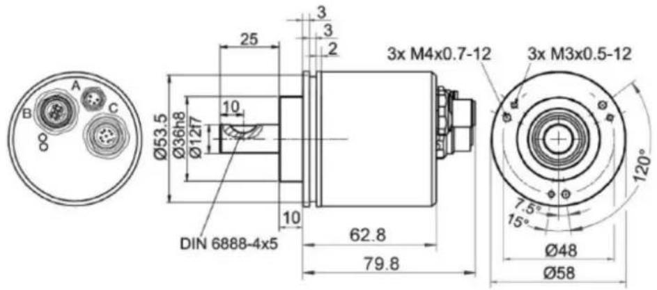 A B C Ø53.5 Ø36h8 Ø12f7 10 10 DIN 6888-4x5 3x M4x0.7-12 3x M3x0.5-12 79.8 62.8 120° Ø48 Ø58