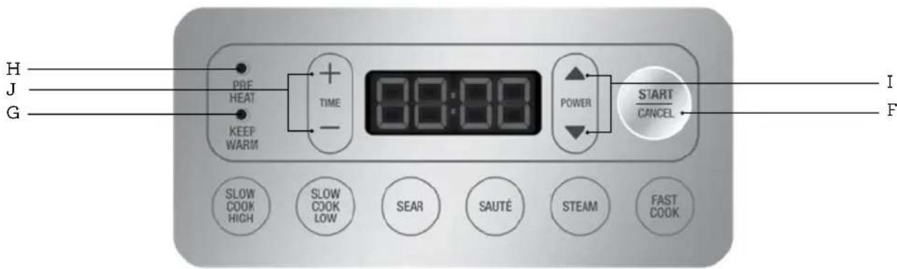 H J G PRE HEAT KEEP WARM TIME 00:00 POWER START CANCEL I F SLOW COOK HIGH SLOW COOK LOW SEAR SAUTÉ STEAM FAST COOK