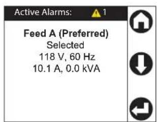 Active Alarms: Feed A (Preferred) Selected 118 V, 60 Hz 10.1 A, 0.0 kVA